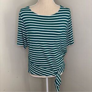 Chico’s emerald green white striped short sleeve side tie hem knit shirt 3P XLP
